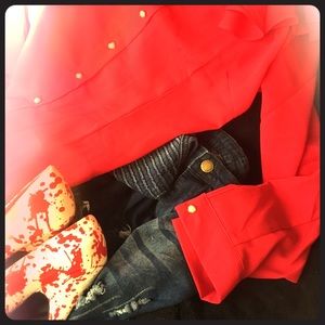 Red retro silky and frilly long sleeve blouse